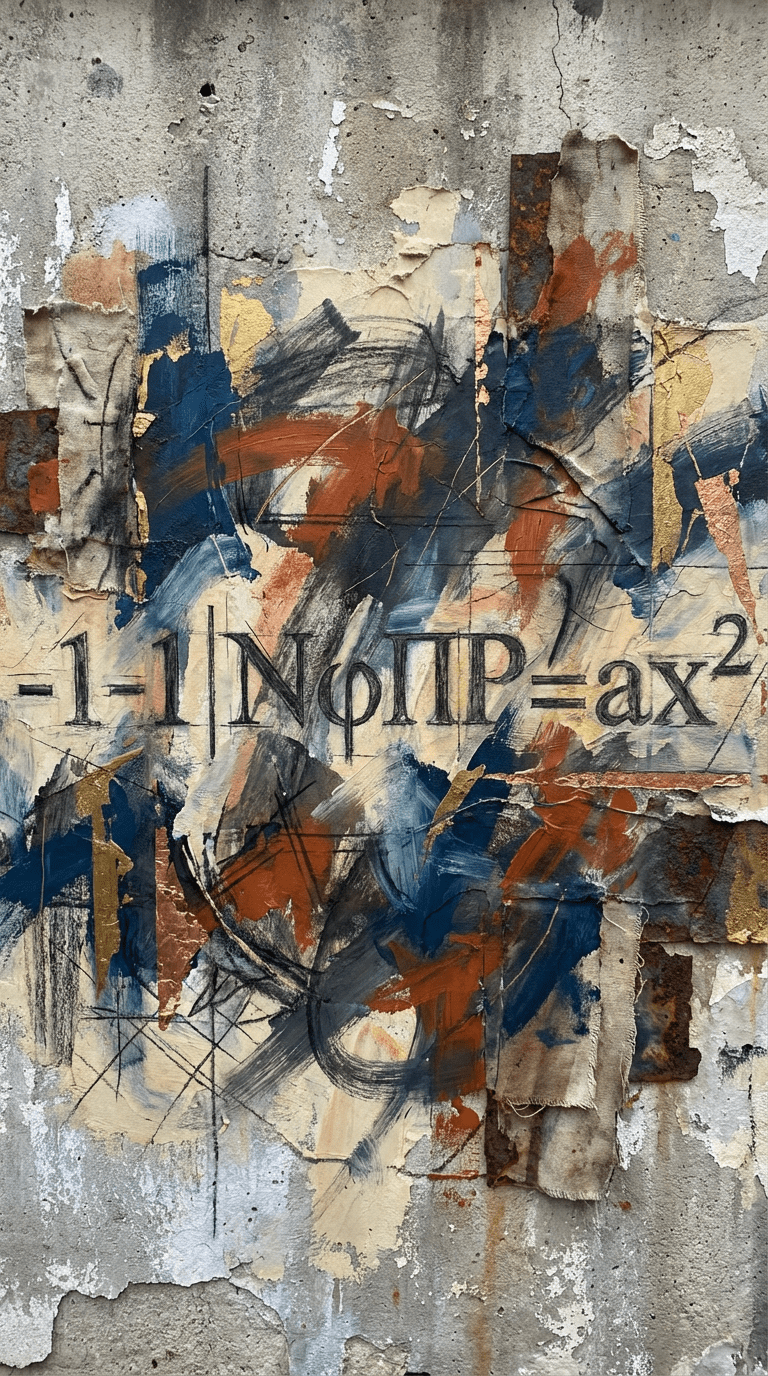 Abstract street art with the text "-1-1|NφΠP=ax²" and splashes of paint on concrete.